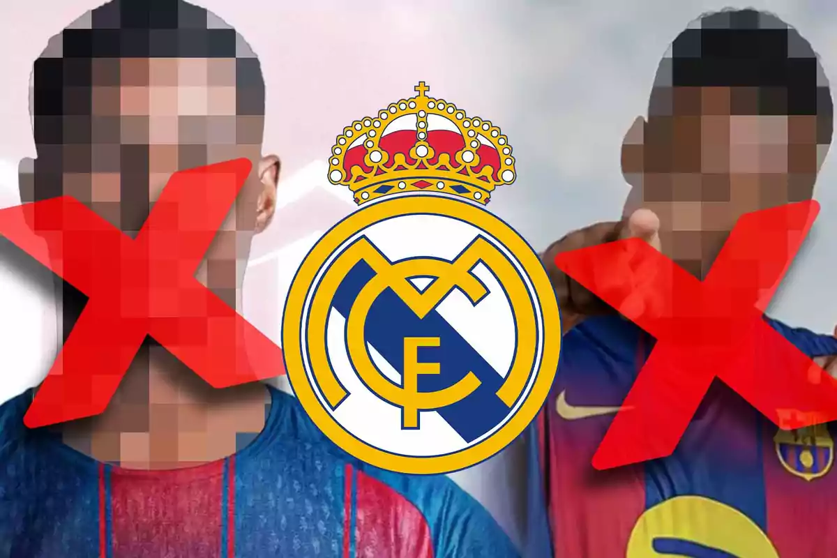 Two people wearing pixelated jerseys crossed out with a red X, with the Real Madrid crest in the center.