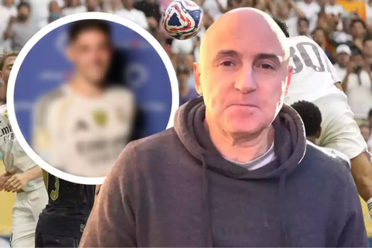 Bald man in a gray sweatjersey in the foreground, background of a soccer match with players and a ball, as well as a circle with a blurred image of a person in a sports jersey.