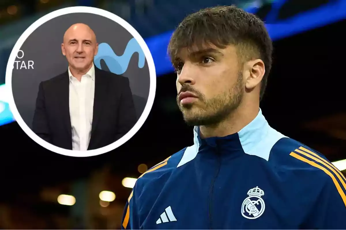 A Real Madrid player in a blue jacket appears in the foreground, while in the upper left corner there is a box showing a bald man in a dark suit and white jersey against a background with the Movistar logo.