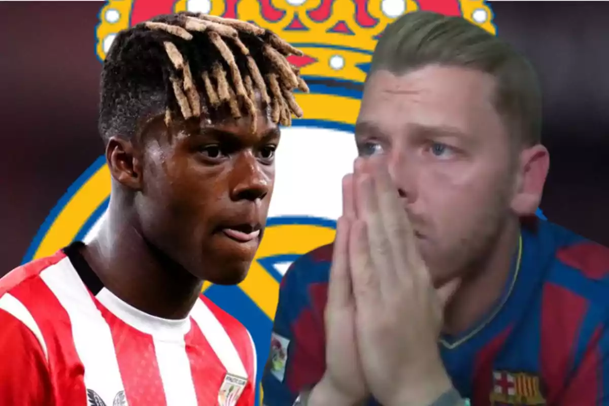 A player in a red and white uniform next to a man in a blue and red jersey who looks worried, with the Real Madrid crest in the background.