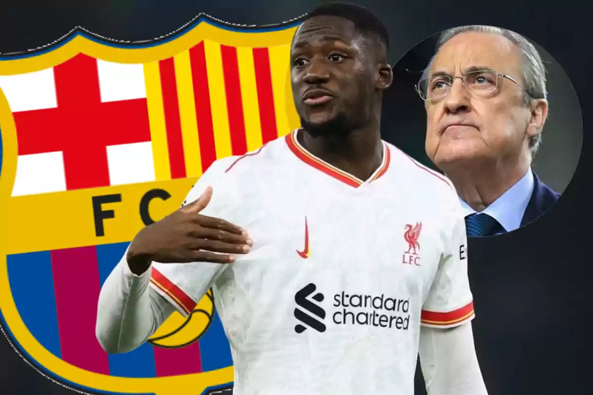 Futbolista del Liverpool con el escudo del Barcelona de fondo y un hombre mayor en un círculo a la derecha