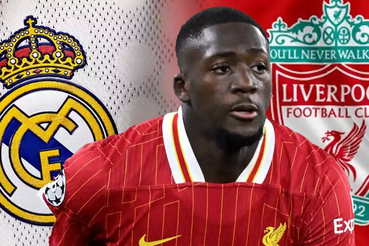 Soccer player in a Liverpool uniform in the foreground with the Real Madrid and Liverpool crests in the background