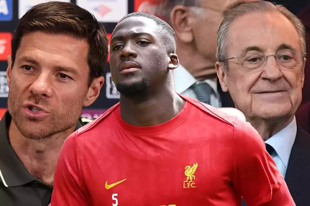 Three men appear in the image: one of them is wearing a red Liverpool jersey, and the other two are in the background, one with a conference backdrop and the other wearing glasses and a suit.