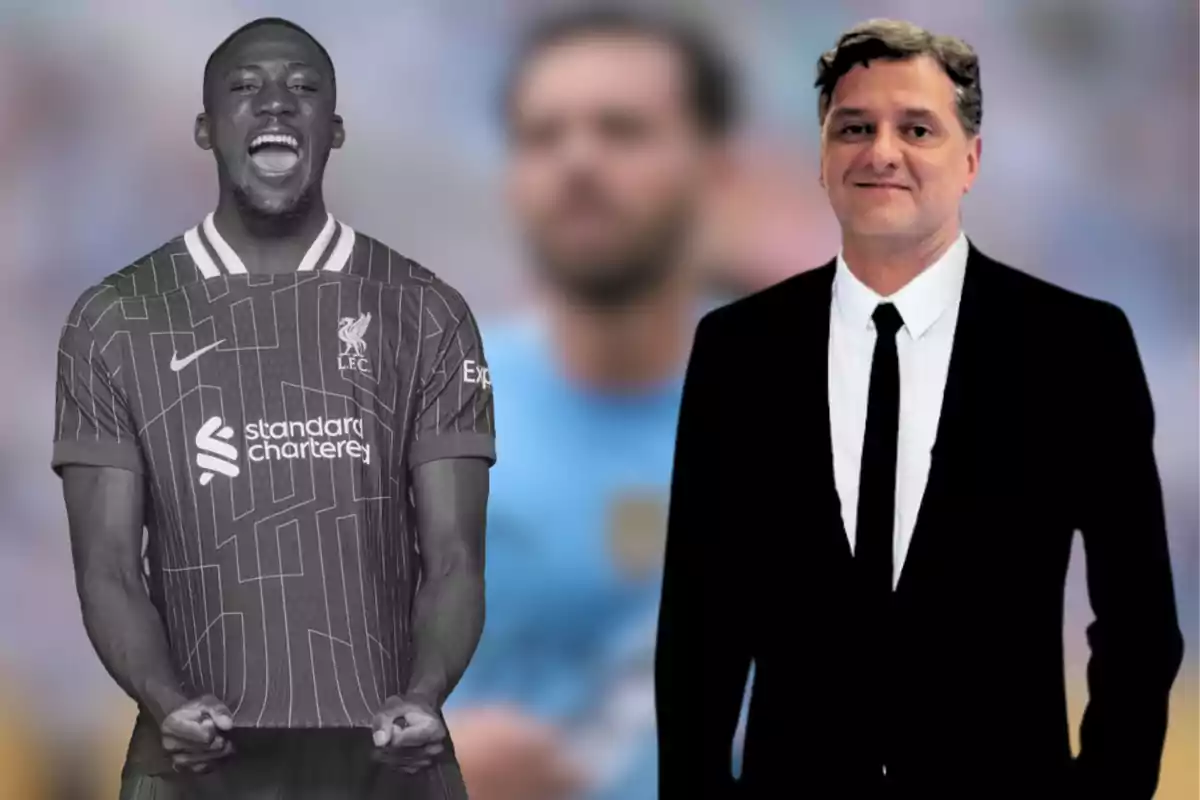 A player in a black and white Liverpool uniform appears next to a man in a suit and tie against a blurred background.