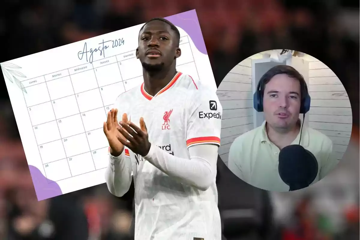 Un futbolista con uniforme blanco del Liverpool aparece frente a un calendario de agosto de 2024 y al lado hay un hombre usando audífonos y micrófono, como si estuviera en una videollamada o grabando un podcast.