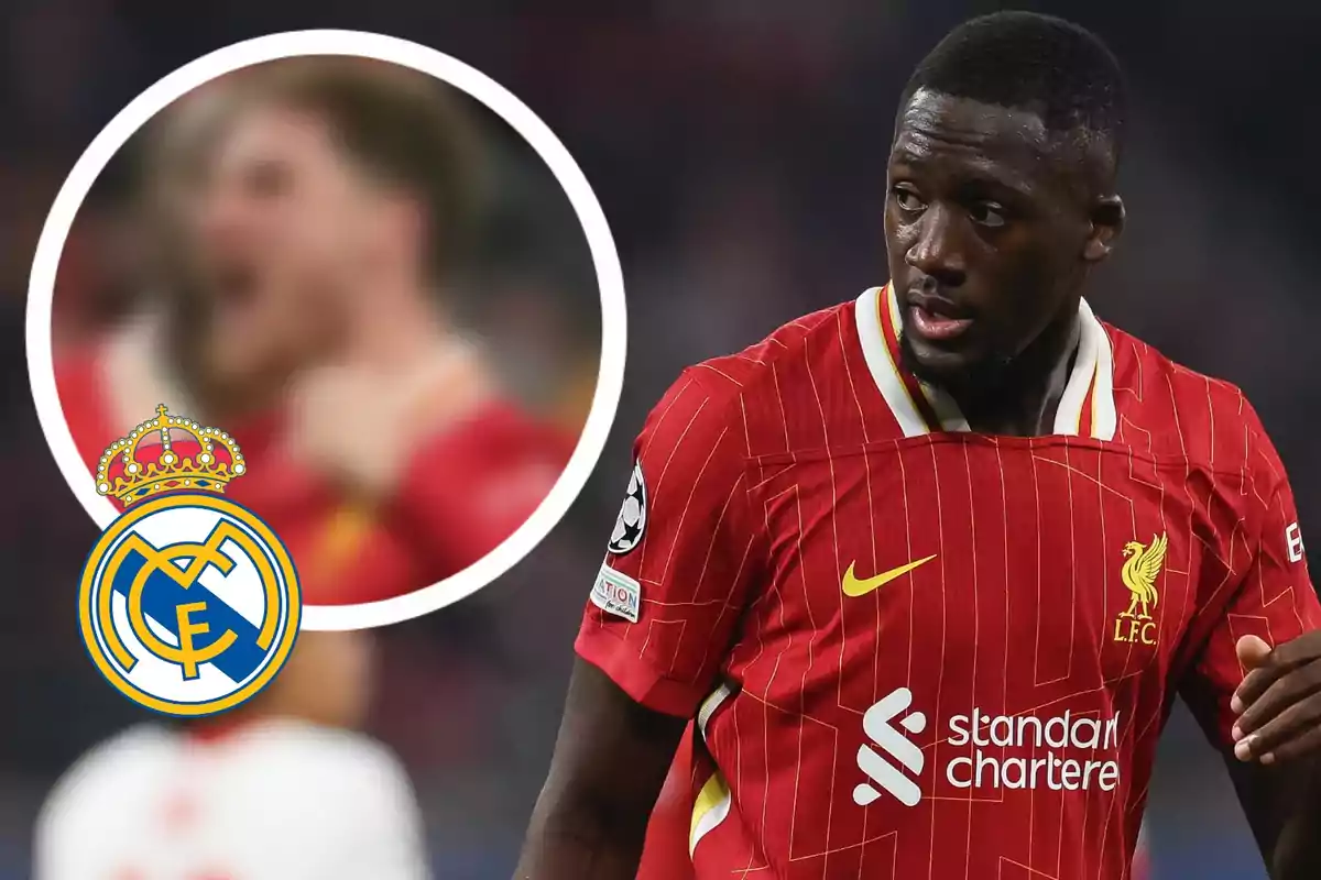 Futbolista del Liverpool en primer plano con el escudo del Real Madrid y una imagen borrosa de fondo