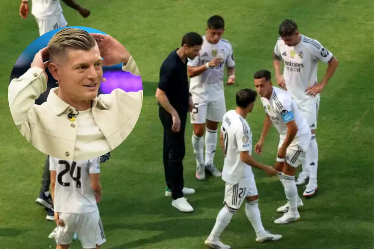 A group of players in white uniforms talk on the field while a man in a light jacket appears in an overlaid circle in the image.