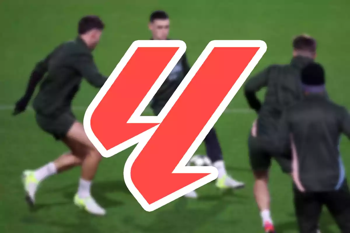 Four people training on a soccer field with a red graphic in the center of the image
