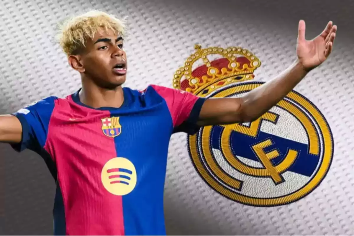 A player wearing a Barcelona uniform appears with his arms outstretched, and in the background, the Real Madrid crest can be seen.