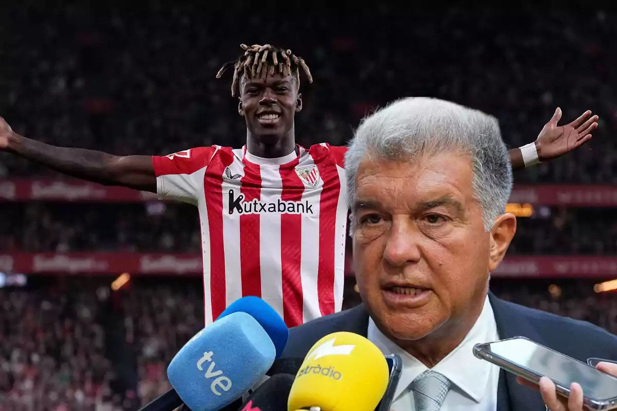 Un futbolista del Athletic Club celebra con los brazos abiertos en el estadio mientras un hombre mayor es entrevistado por varios medios de comunicación en primer plano.