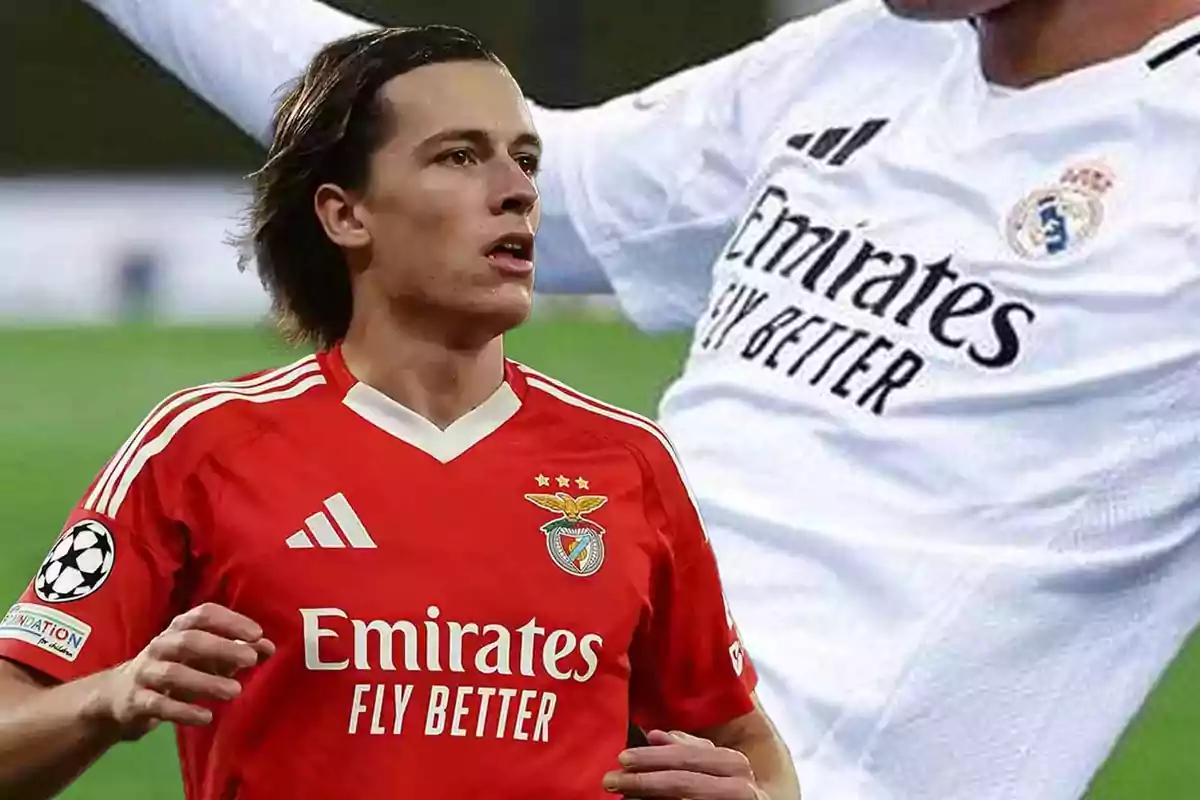 Soccer player in a red Benfica uniform in the foreground and a player in a white Real Madrid jersey in the background
