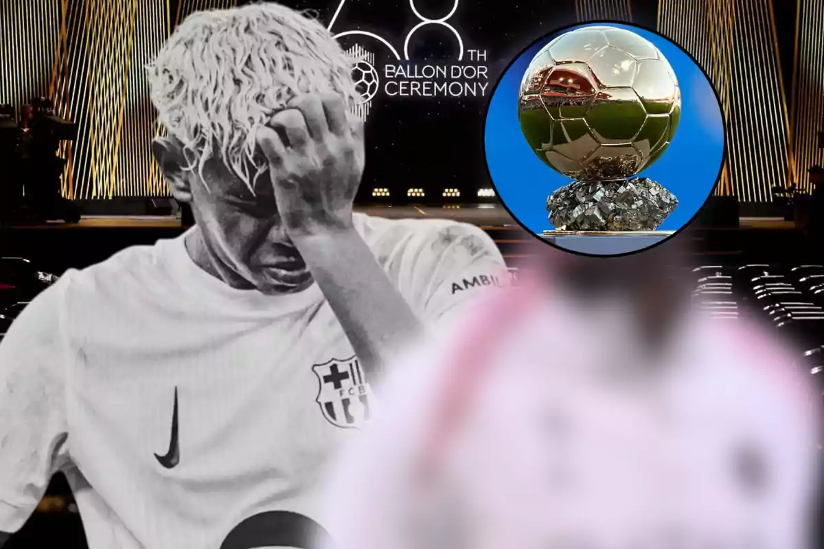 Un futbolista del Barcelona con gesto de frustración aparece en primer plano, mientras al fondo se observa el escenario de la ceremonia del Balón de Oro y un trofeo destacado en un círculo.