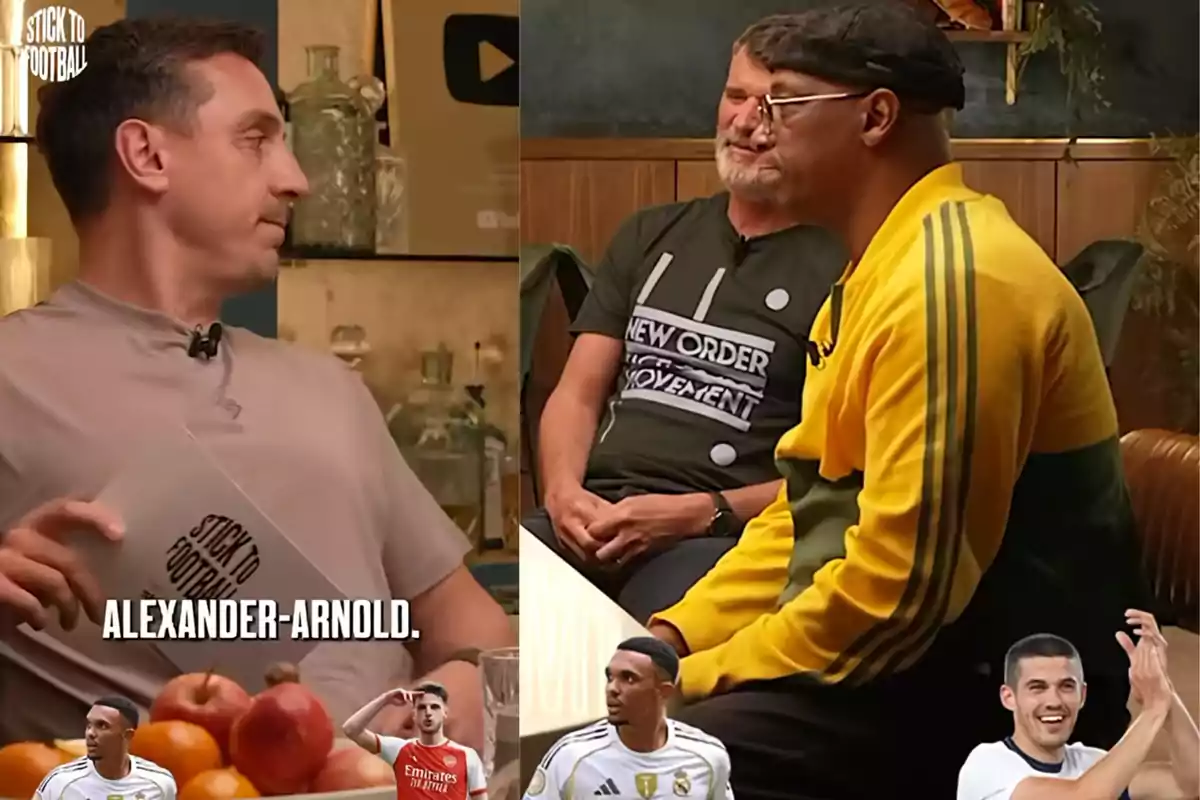 Three men are talking on a modernly decorated film set, while images of players and the text Alexander-Arnold appear at the bottom.