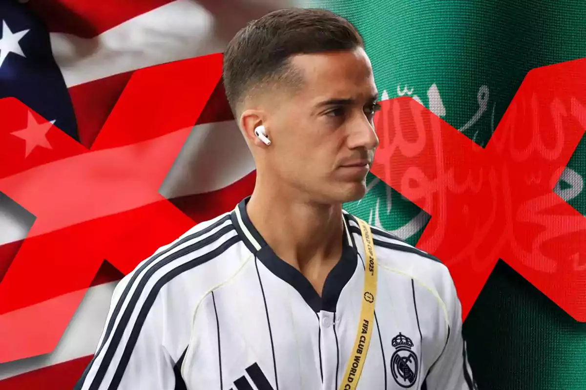 Futbolista del Real Madrid con auriculares frente a las banderas de Estados Unidos y Arabia Saudita, ambas con una gran equis roja encima