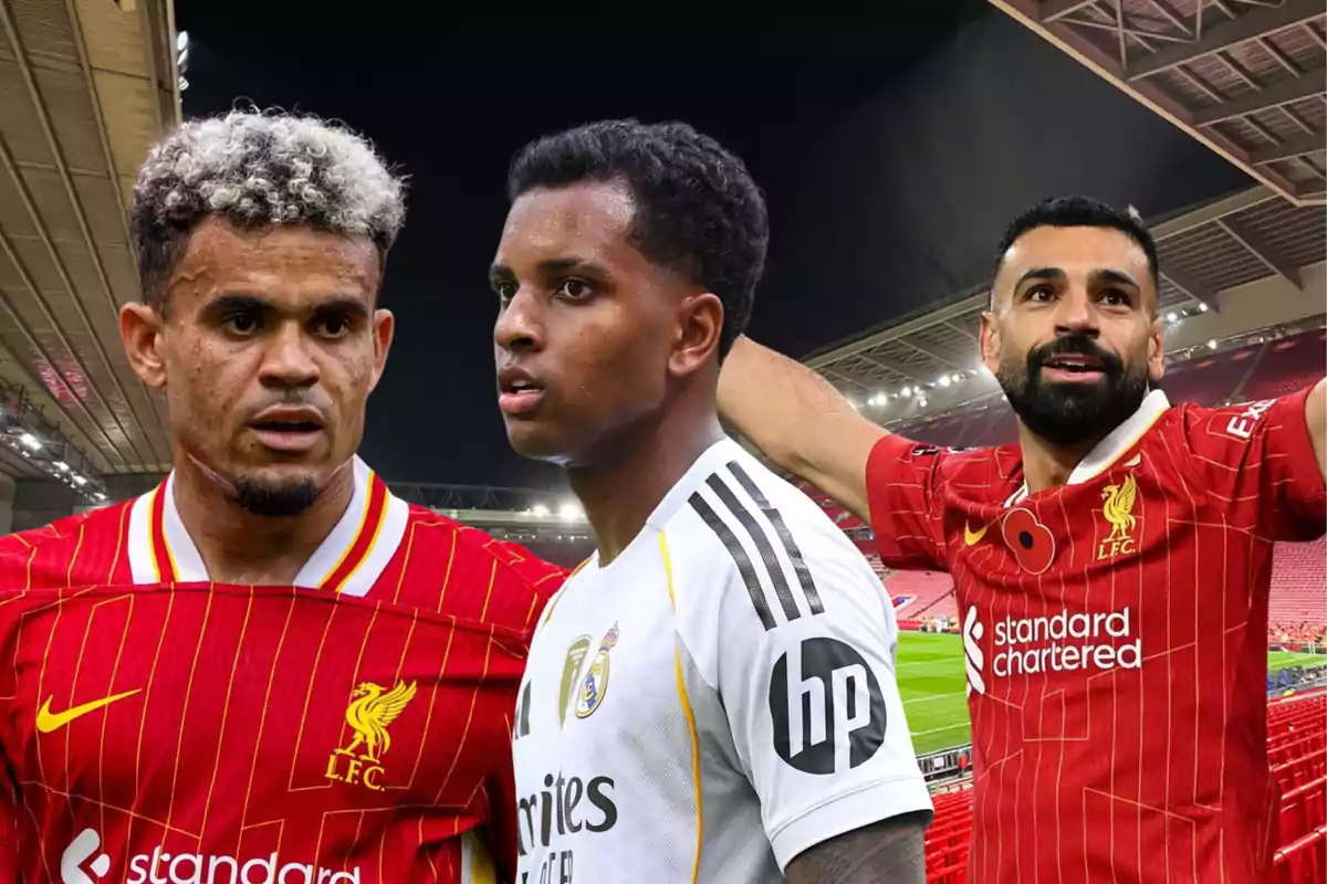 Three players in a stadium, two wearing Liverpool’s red uniform and one wearing Real Madrid’s white uniform