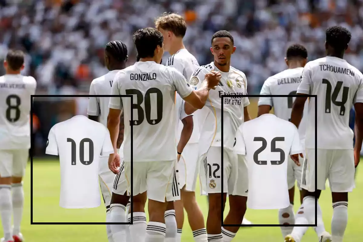Jugadores del Real Madrid en el campo con camisetas blancas y dos camisetas resaltadas con los números 10 y 25