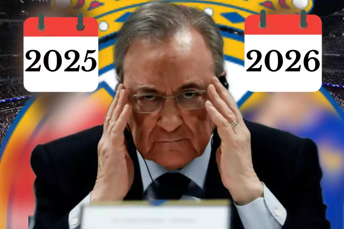Hombre de traje con expresión seria tocándose la cabeza, al fondo el escudo del Real Madrid y dos calendarios con los años 2025 y 2026
