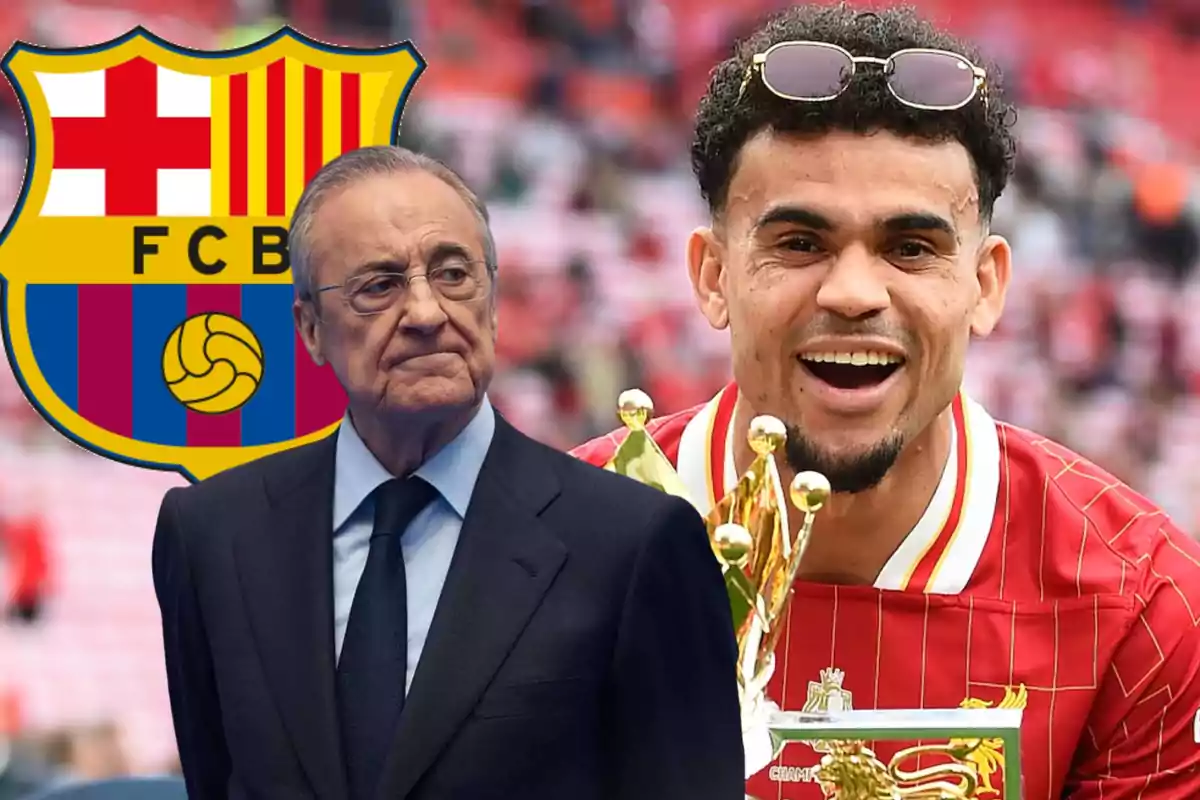 Un hombre mayor con traje oscuro y un joven futbolista sonriente con trofeo, al fondo el escudo del FC Barcelona.