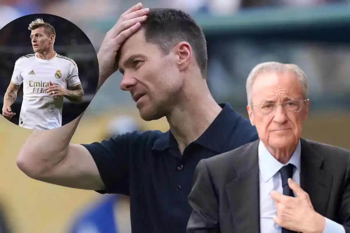 Un hombre con gesto preocupado se toca la cabeza mientras otro hombre mayor con gafas aparece al frente y un futbolista con uniforme blanco está en un círculo en la esquina izquierda