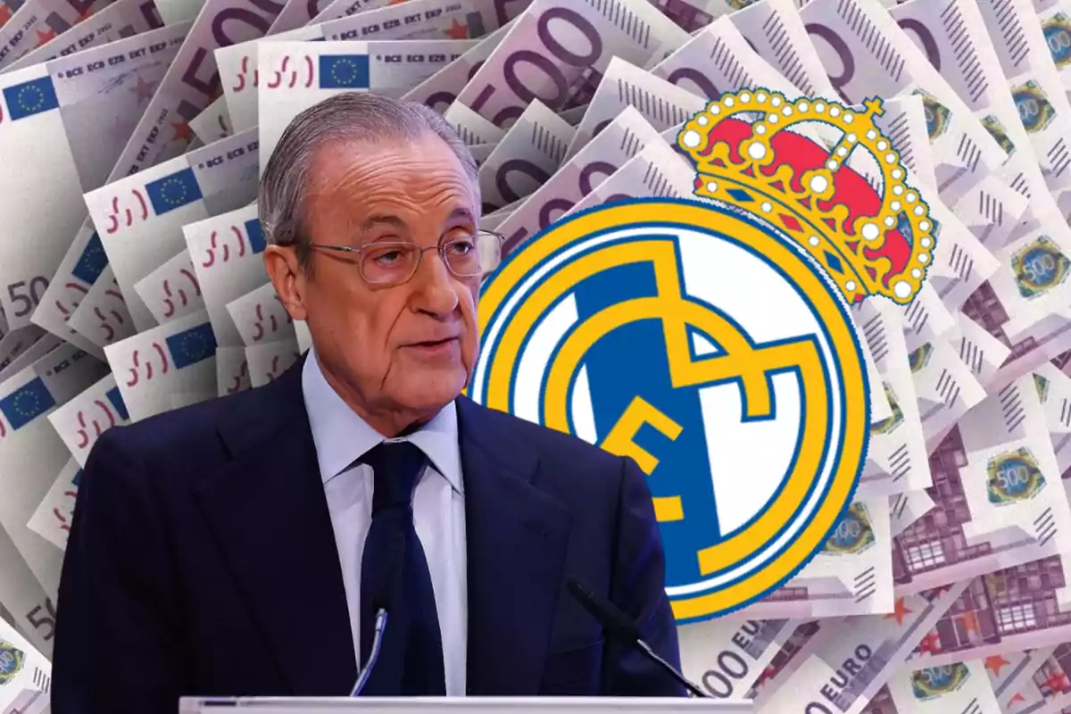Hombre de traje hablando frente a micrófono con fondo de billetes de euro y el escudo del Real Madrid