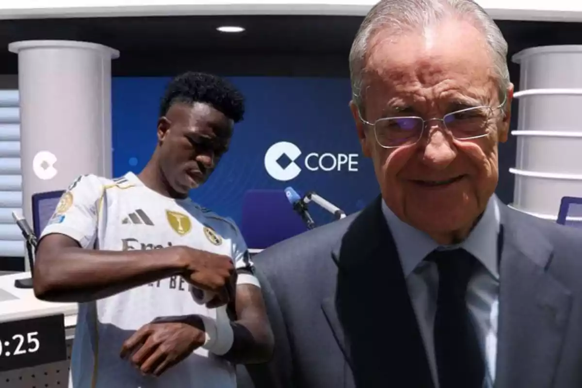 A player in a white uniform and an older man wearing glasses and a suit pose in front of a radio studio backdrop with the COPE logo.