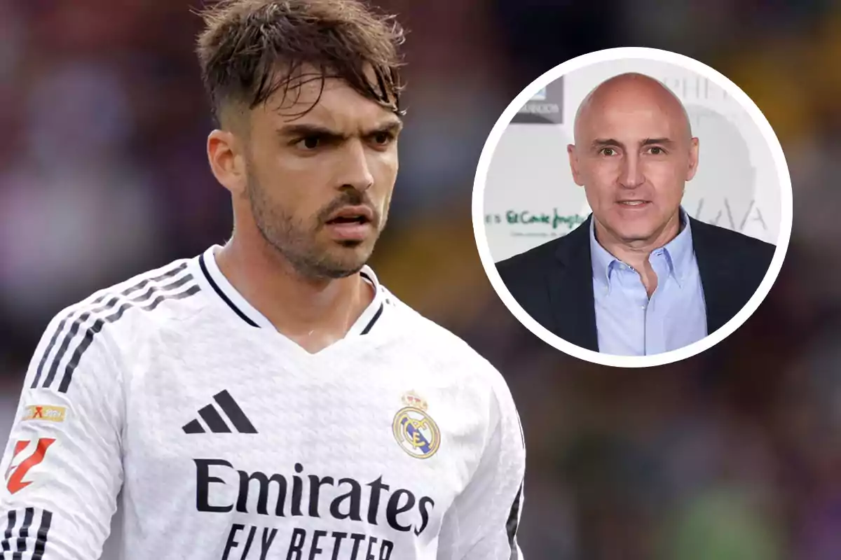 Real Madrid player in the foreground with a bald man in a circular frame in the top right corner