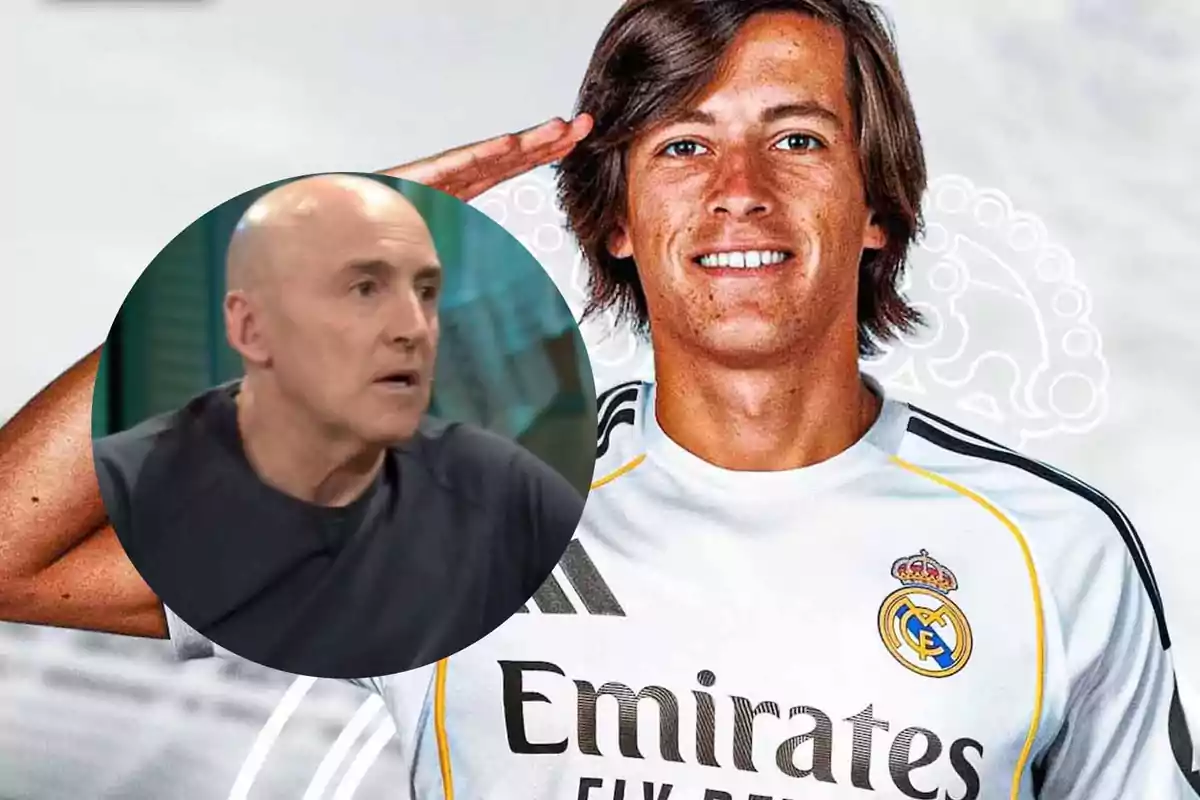 Un hombre con camiseta del Real Madrid sonríe y saluda mientras una imagen circular de otro hombre calvo aparece superpuesta en la esquina izquierda.