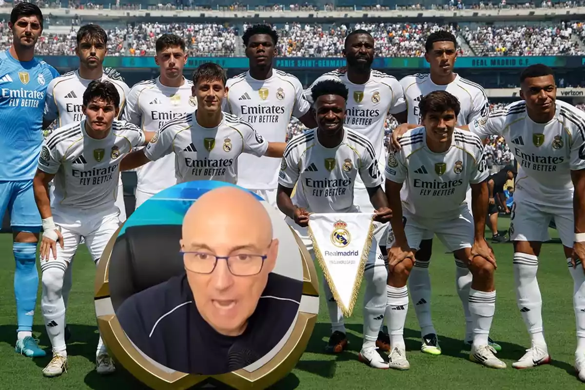 Real Madrid players pose on the field before a match while a bald man with glasses appears in the lower corner speaking in front of a camera.