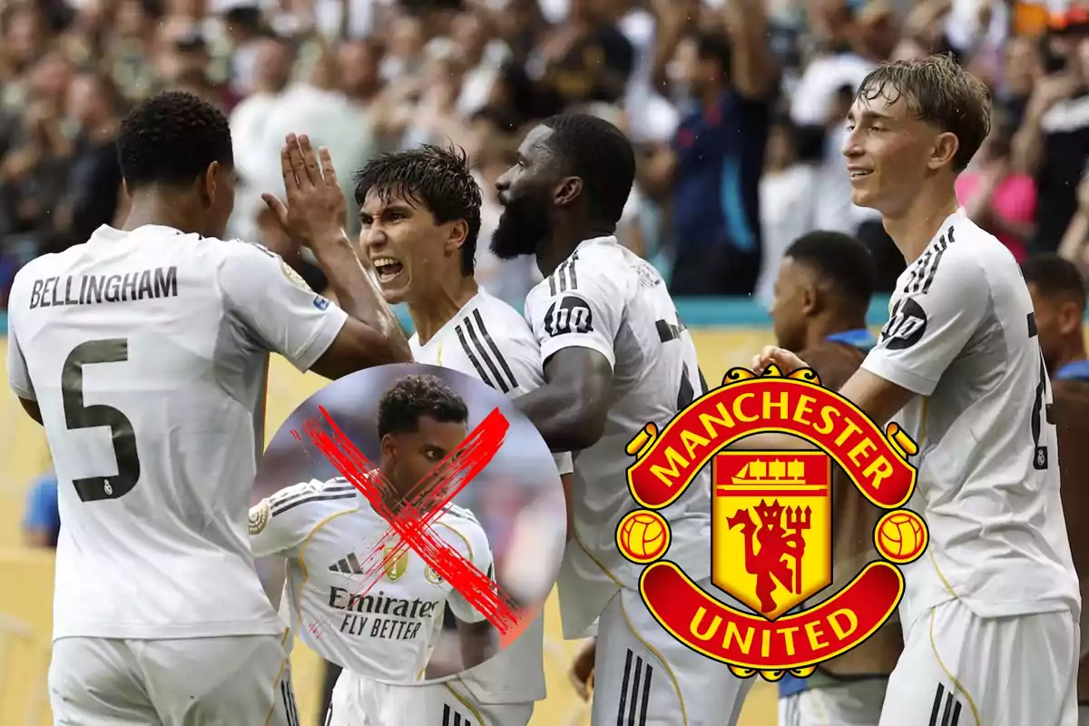Jugadores del Real Madrid celebran un gol mientras aparece el escudo del Manchester United y una imagen de un futbolista tachado con una X roja