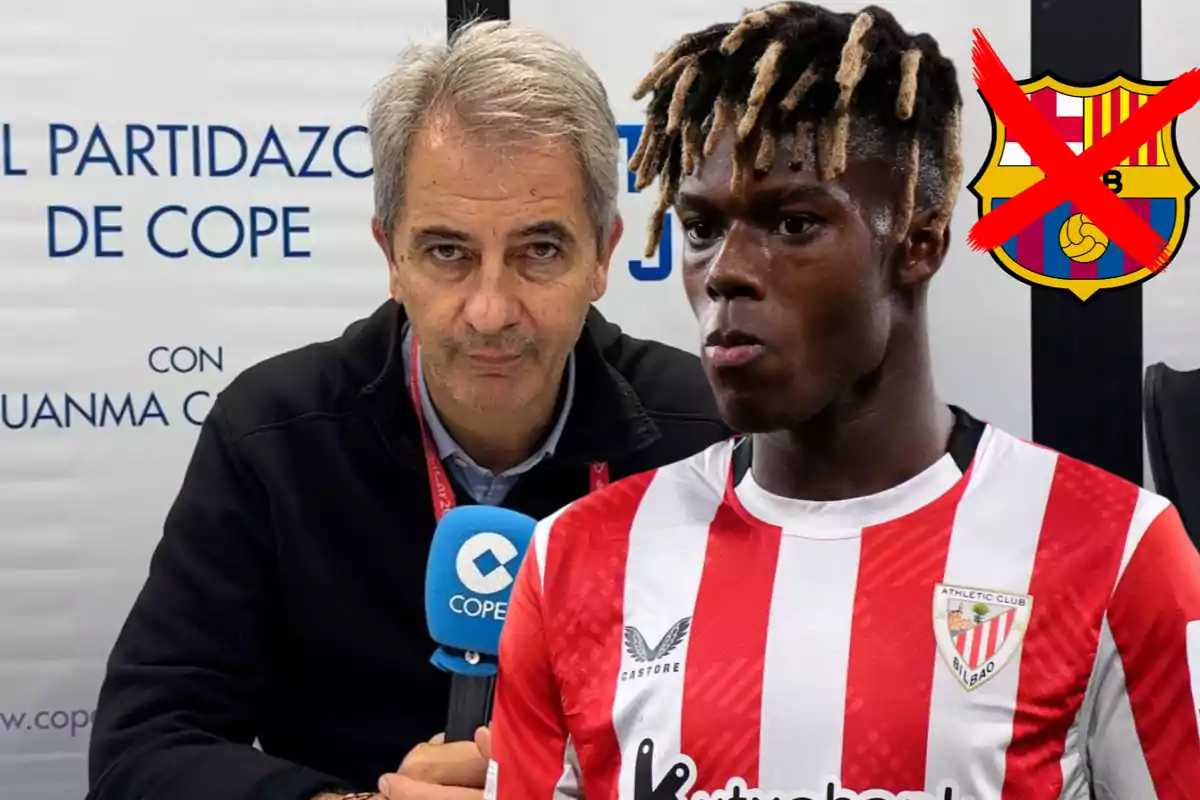 Un periodista sostiene un micrófono de la cadena COPE junto a un futbolista del Athletic Club de Bilbao, mientras en la esquina aparece el escudo del Barcelona tachado con una X roja.