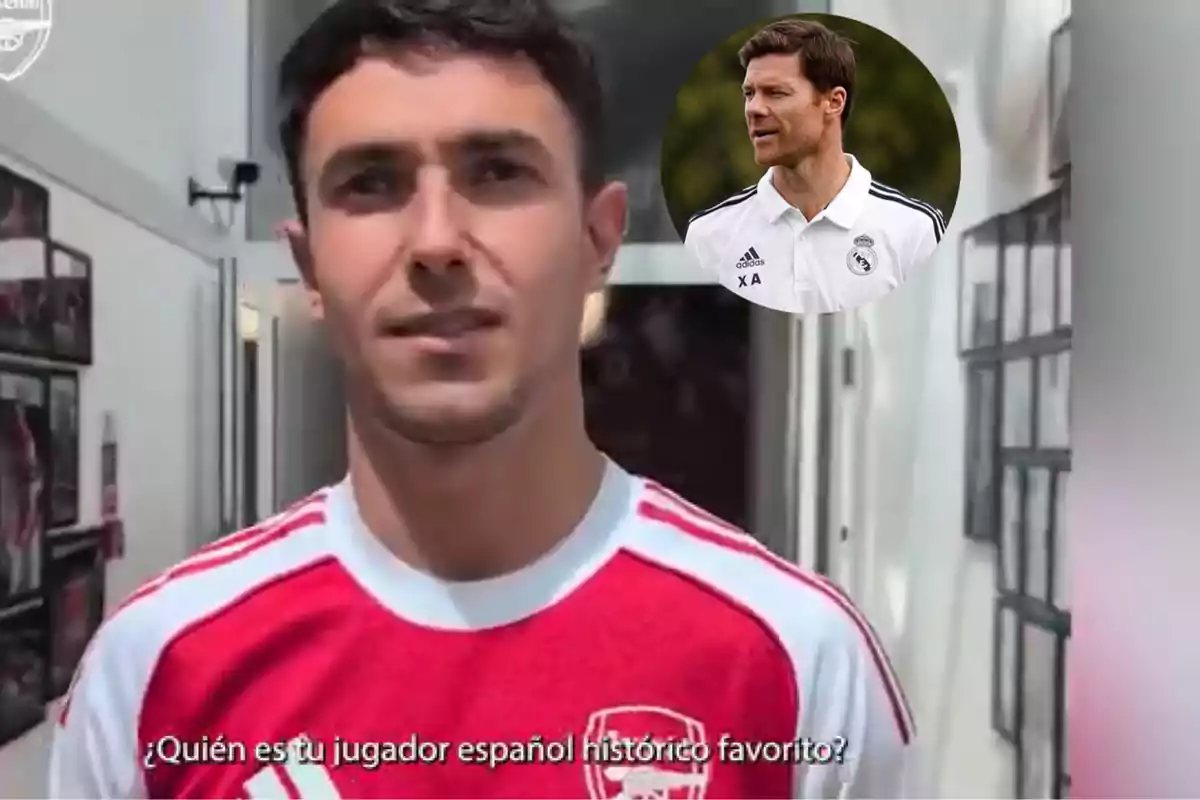Un futbolista con camiseta del Arsenal responde a la pregunta sobre su jugador español histórico favorito, mientras aparece la imagen de un entrenador con uniforme blanco en la esquina superior derecha.