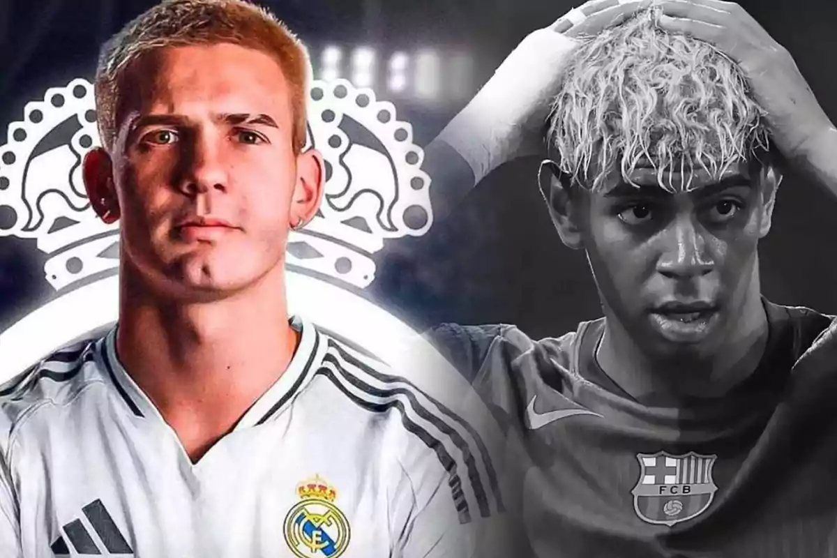Dos jóvenes futbolistas aparecen uno con el uniforme del Real Madrid y otro con el del Barcelona, mostrando expresiones serias y concentradas
