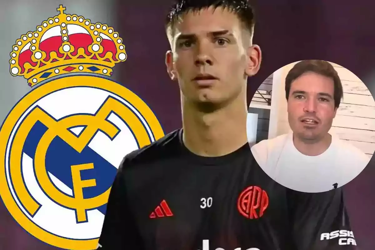 Un portero con uniforme negro de River Plate aparece frente al escudo del Real Madrid y en la esquina derecha hay un recuadro con el rostro de un hombre hablando.