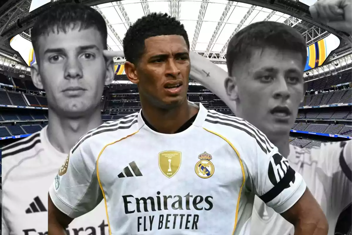 Tres futbolistas del Real Madrid en el estadio Santiago Bernabéu, uno en primer plano con expresión seria y dos en el fondo en blanco y negro