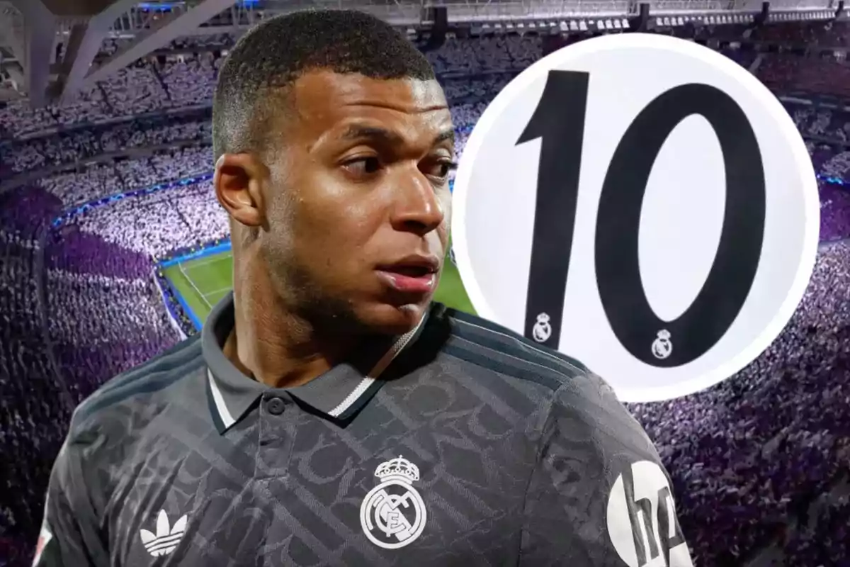 Soccer player wearing a Real Madrid jersey in a packed stadium with a large number 10 in the background