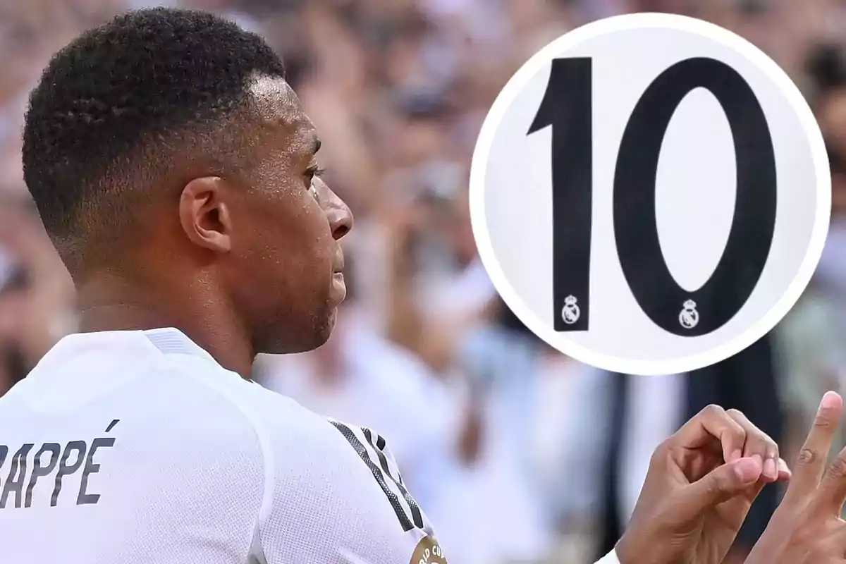 Jugador de fútbol con camiseta blanca y el nombre Mbappé en la espalda señalando con los dedos mientras aparece un círculo con el número 10 y el escudo del Real Madrid
