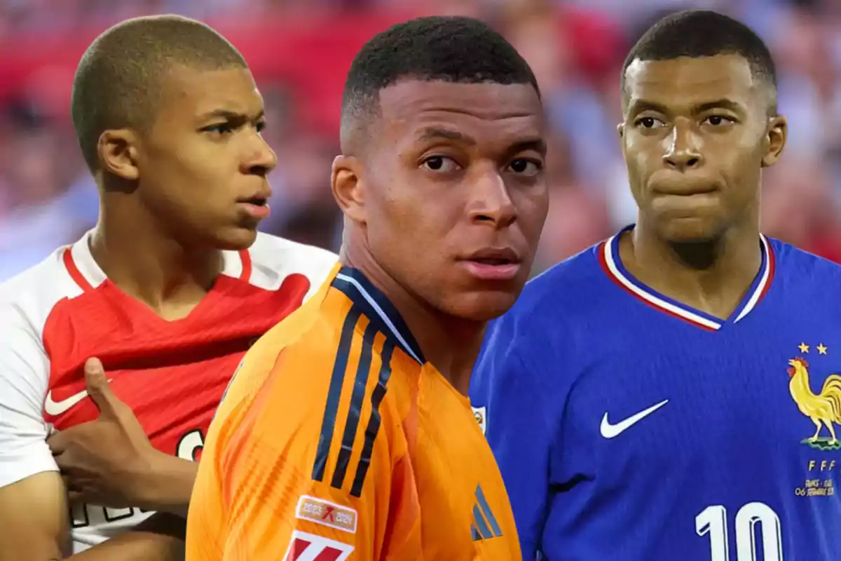 Three images of a player at different stages and in different uniforms: one with a red jersey, another with an orange uniform, and another with a blue jersey.