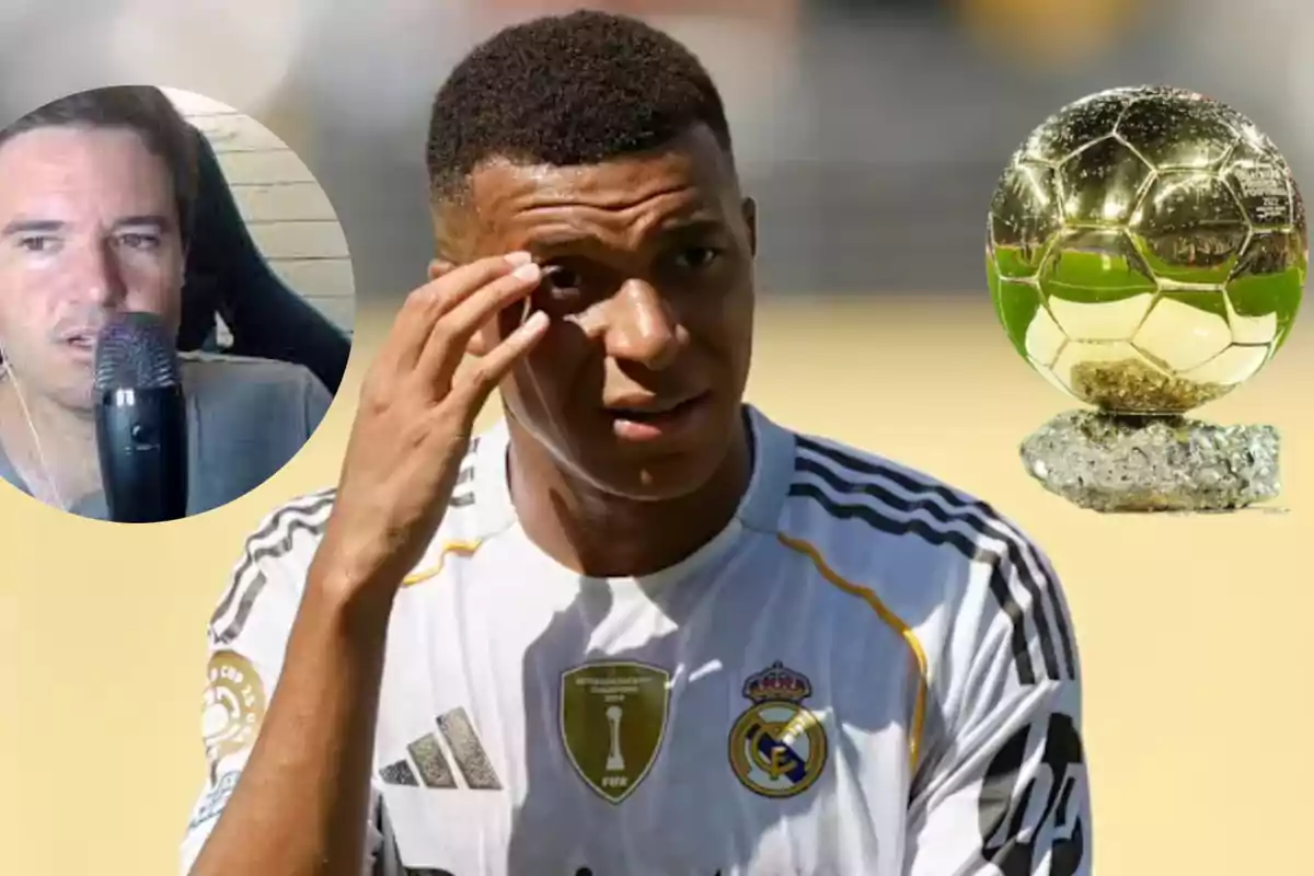 Un futbolista con la camiseta del Real Madrid se toca la frente mientras al fondo aparece un Balón de Oro y en la esquina hay un hombre hablando frente a un micrófono.