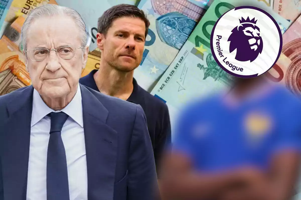 Tres hombres en primer plano con billetes de euro de fondo y el logo de la Premier League cubriendo el rostro de uno de ellos