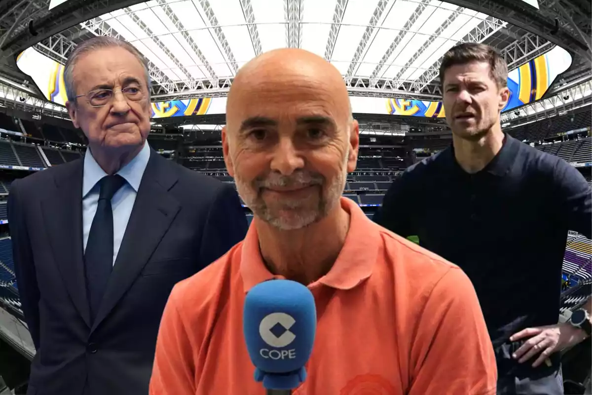 Three men in a soccer stadium, one of them is holding a COPE network microphone and wearing an orange jersey.