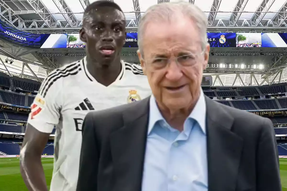 Two people at Santiago Bernabéu Stadium, one in a suit and the other in a Real Madrid football uniform.