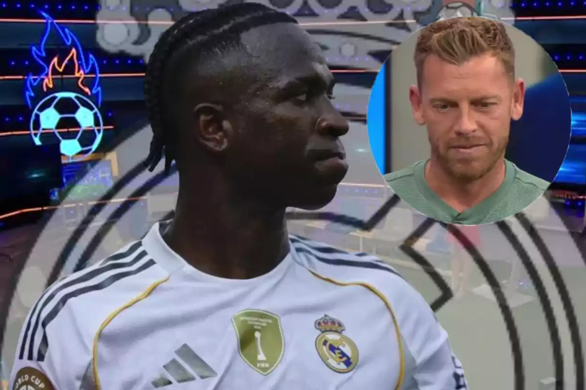 A Real Madrid player with a serious expression in the foreground and a blond man in a circle superimposed over the background of a sports television set.