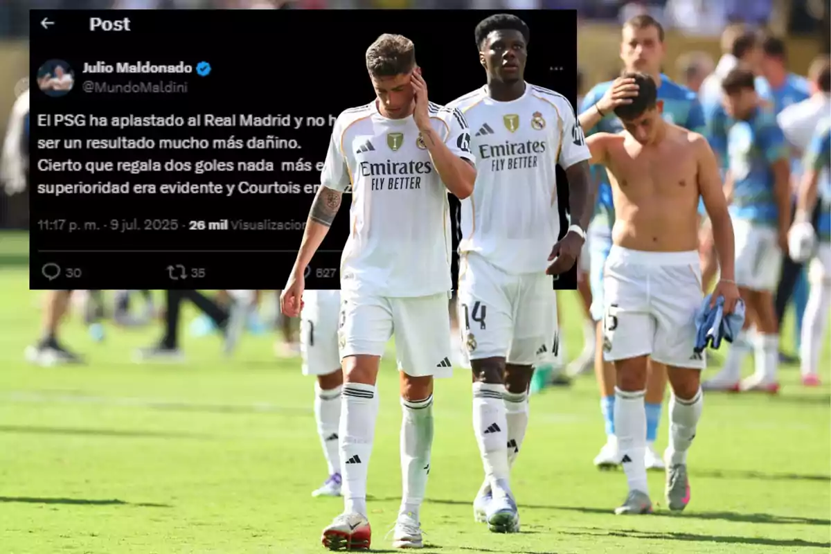 Real Madrid players walk with their heads down on the field as a tweet is shown mentioning a heavy defeat against PSG.