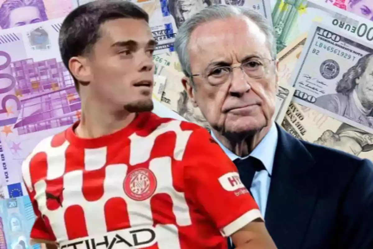 Un futbolista con la camiseta del Girona y un hombre de traje aparecen frente a un fondo de billetes de diferentes monedas.