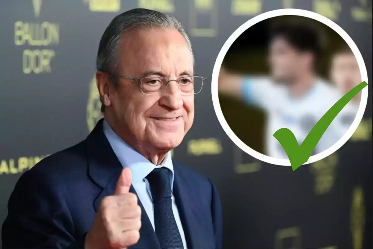 Hombre de traje sonriente levantando el pulgar con un fondo de gala y un círculo con una imagen borrosa y una marca de verificación verde