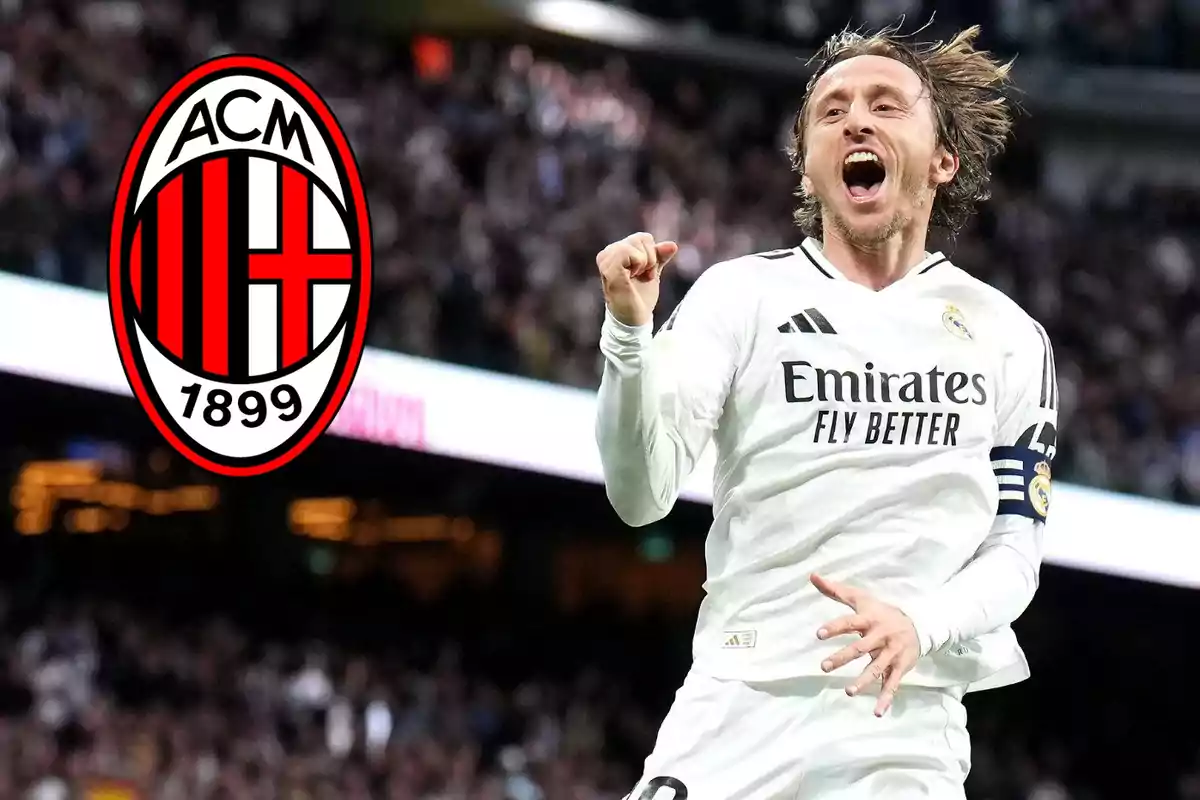 Futbolista del Real Madrid celebrando un gol con el escudo del AC Milan a la izquierda