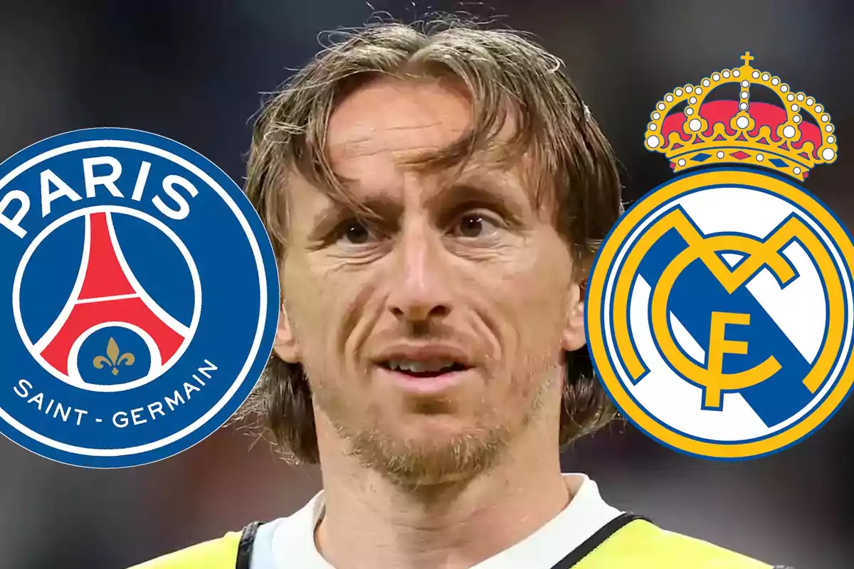 Futbolista en el centro con el escudo del PSG a la izquierda y el escudo del Real Madrid a la derecha