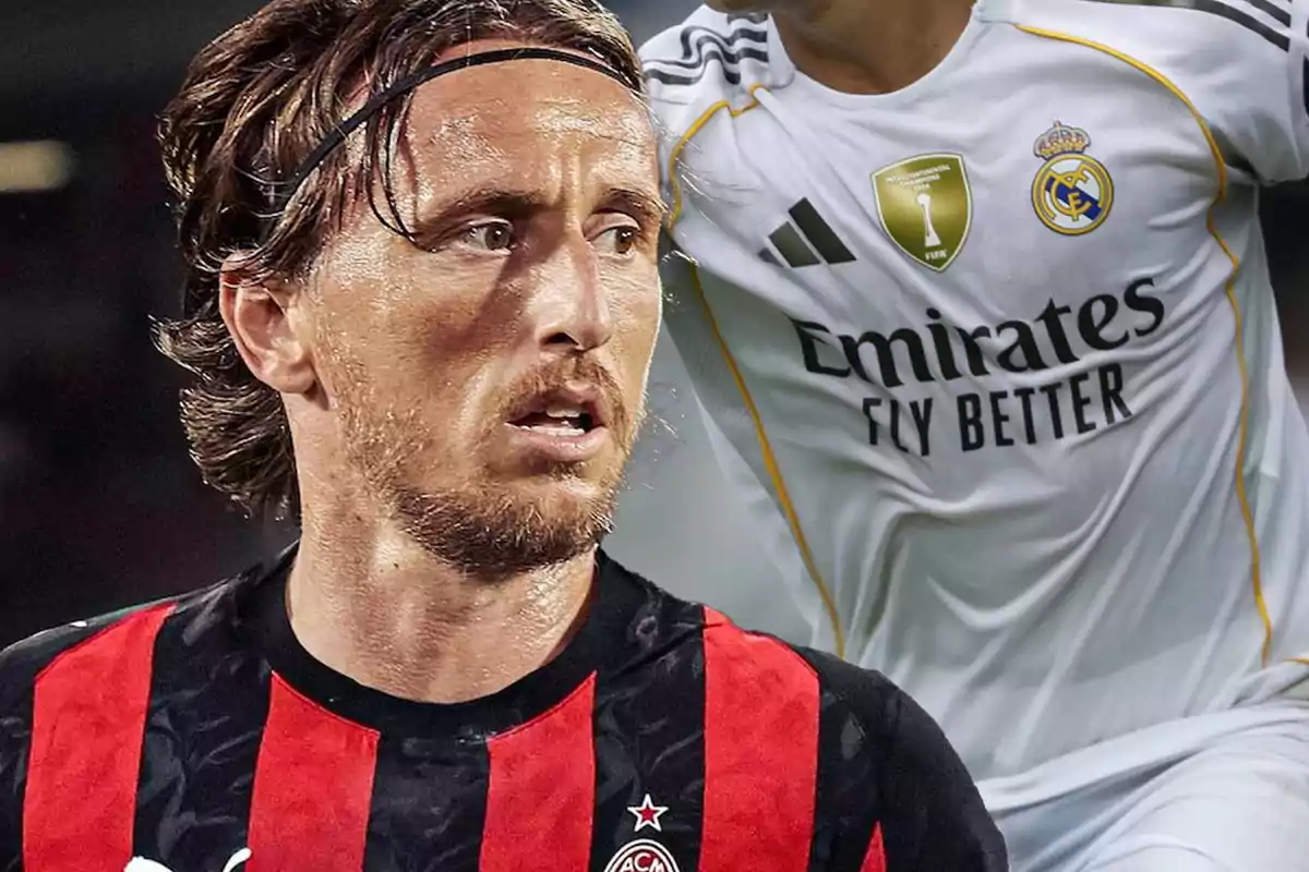 Futbolista con camiseta del AC Milan en primer plano y jugador del Real Madrid al fondo