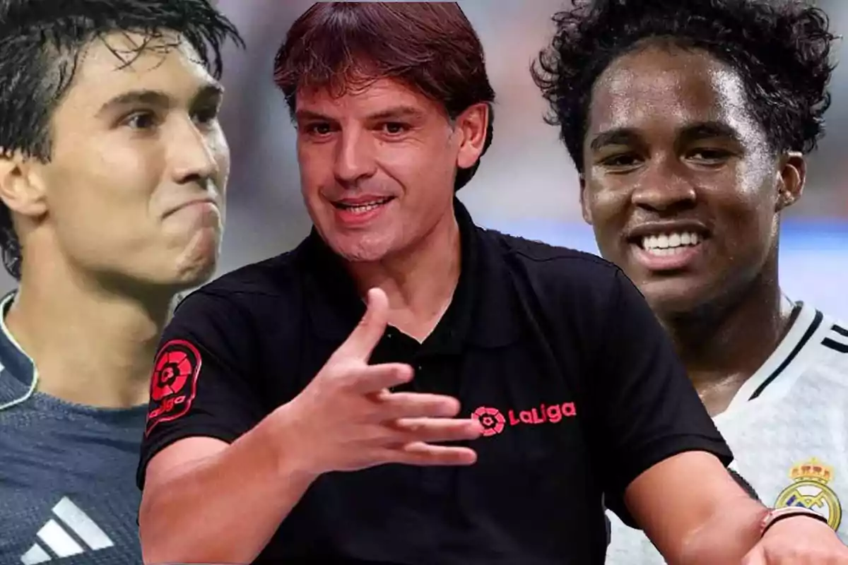 Tres personas aparecen en la imagen, dos de ellas con uniforme deportivo y una en el centro con una camiseta negra de LaLiga gesticulando con la mano.