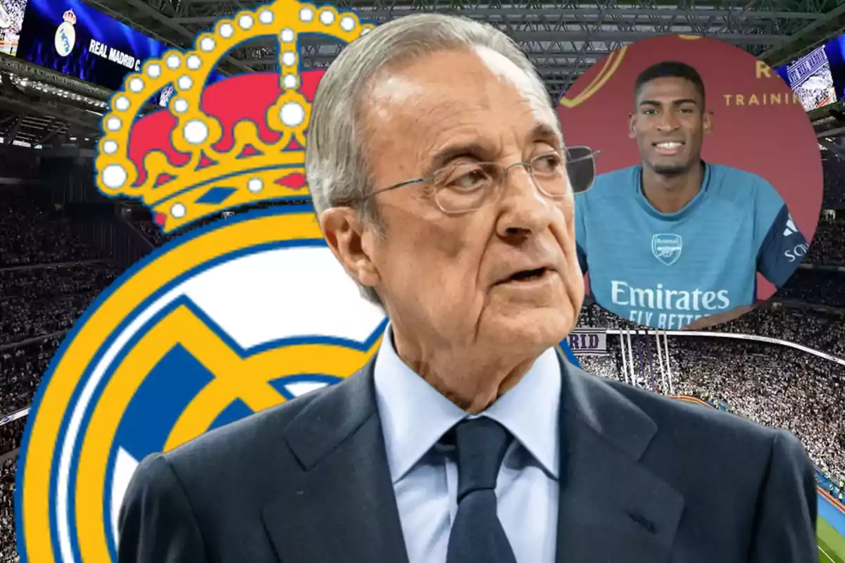 Un hombre mayor con gafas y traje aparece en primer plano frente al escudo del Real Madrid en un estadio lleno, mientras al fondo se ve a un futbolista con uniforme del Arsenal